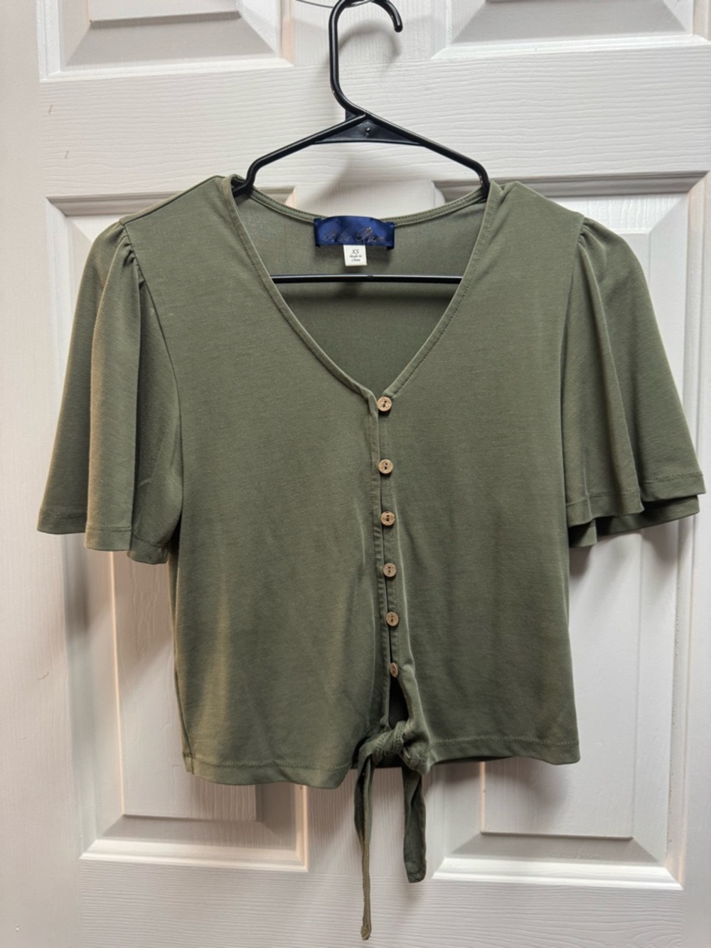 Blue Rain Olive Green Button-Front Tie Crop Top